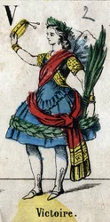 Letter V: Victoire. Engraving in "Alphabet masquerade". Second half of the 19th century