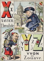 Letters X Y Z: Xavier the Invalid and Yvon the Zouave. Engraving in "Comic Military Alphabet". Fifth Series. Epinal Imaging, late 19th century