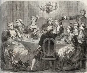 Libertinage: Christian VII, King of Denmark and Norway, during a libertine feast organized by the dancer Marie Madeleine Guimard in her house of Pantin. Engraving from 1871 in 
