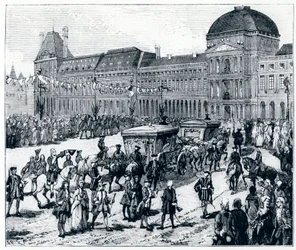 Life under Louis XV: The King Arriving at the Palais des Tuileries, where the Queen and the Dolphine Await Him - in "Paris through the Centuries" by Gerouillac