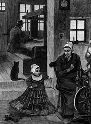 Linen: weaver interior with weaver and spinning wheel. Engraving in 