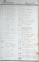 List of provisions taken aboard in Marseille and antiscorbutic recipes in "Voyage Around the World on the Solide under Captain Marchand" (a logbook). 1791-1792. National Archives in Paris.
