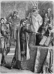 Lotharia II (825-869) gave the oath on the gospel before Pope Adrien II (792-872) in Rome in 869. Engraving in Histoire des Papes-Rois-Queen and Empereurs a travers les centuries by Maurice Lachatre