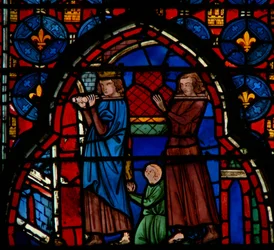 Louis IX carrying relics into Sainte-Chapelle, assisted by Robert d