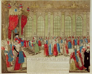 Louis XIV receiving the Persian Ambassador Mohammed Reza Beg in the Galerie des Glaces at Versailles, 19th February 1715