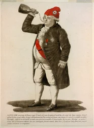 Louis XVI wearing the red cap, crying "Long Live the Nation!", published 1792