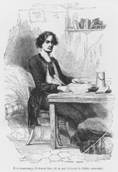 Lucien de Rubempre writing a letter, illustration from Les Illusions perdues by Honore de Balzac, engraved by Antoine Alphee Piaud