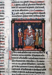MS.782 Childeric II (c.650-675), Clodomir (c.495-524) and possibly Theodoric, represented as under the protection of King Clotaire I (c.497-561), seated on a throne, miniature from the Chroniques de Saint-Denis