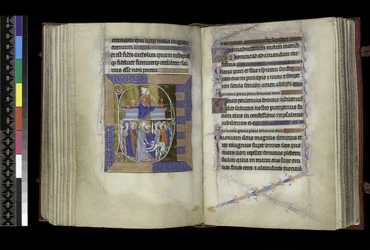 Matins, Virgin and Child seated between two vases on bench (above); Betrayal of Christ, with Judas kissing Christ, and St Peter cutting off Malchus’ ear (below), from the Psalter and Hours of Isabella of France, Paris, c.1265-70