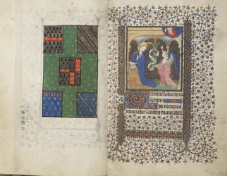 Coat of Arms and the Annunciation, from a Book of Hours, use of Rennes, c.1405