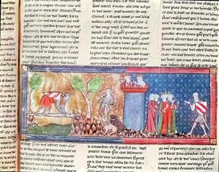 Lancelot proves his love of Guinevere by crossing a river bridged by a sharp sword, from the Roman de Lancelot du Lac, 1344