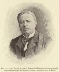 Mr. Dagron, inventor of the photo-microscopic process for messages carried by carrier pigeons during the siege of Paris (engraving)