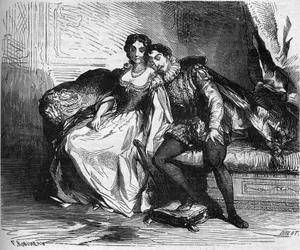 Madame de Sauve, acting for Queen Catherine de Medicis, seduced King Henry of Navarre (1553-1610). Engraving in 