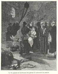 Man being tortured with brodequins and fire