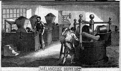 Manufacture of chocolate: melange and grinding machines. Usine de M. Masson, Paris