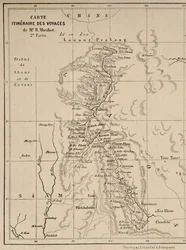 Map of Laos and the Mekong River Showing the Route of the Voyage of Henri Mouhot, Illustration from Travels in the Central Parts of Indo-China (Siam), Cambodia, and Laos During the Years 1858, 1859
