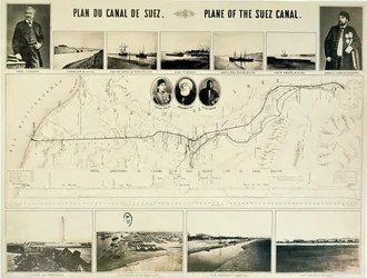 Map of the Suez Canal accompanied by different views and portraits of Ferdinand de Lesseps and Ismail Pasha, 1869