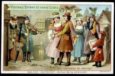 Marriage customs: return of the ceremony in Galicia, Austria - chromo. Liebig, 1895