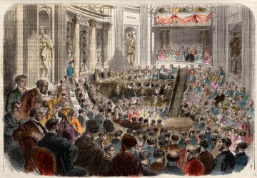 Meeting of the French academy on 23 April 1868. Reception of Monsieur Jules Favre (1809-1880), French politician. Engraving in L