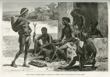 Men, Women and Utensils (Bihe Region, Rwanda). Engraving by D. Maillart, to Illustrate the Story How I Crossed Africa, from the Atlantic Ocean to the Indian Ocean, by Major Serpa Pinto, in 1877-1878, Published in the Tour du Monde, under the Direction of E