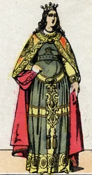 Merovingian Dynasty: Portrait of Queen Clothilde, Wife of Dagobert III. Epinal imaging from the end of the 19th century. Private collection.