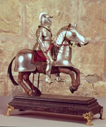 Model of a barded horse and rider
