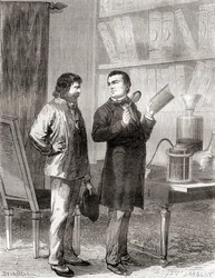 Moritz von Jacobi, on the Right, Discovering Galvanoplastics, or Electrotyping in 1838, from Les Merveilles de la Science, Published c.1870