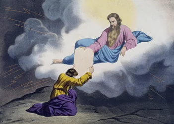 Moses receiving the Tablets of the Law, illustration from a catechism L