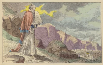 Moses returning from Mount Sinai with The Ten Commandments