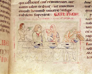 Meal with Judith and Holofernes, from the Bible of Etienne Harding