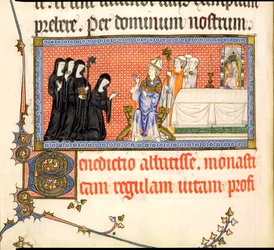 The Presentation of an Abbess, from the Metz Pontifical, written for Raymond Bar, Bishop of Metz, 1302-16