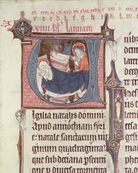 Historiated initials U and I depicting the Nativity and the Infant Christ, from Obituaire de Notre Dame de Pres, after 1270