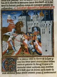 Sir Lancelot captures Dolorous Garde with the aid of a new shield given to him by the Lady of the Lake, from the Livre de Messire Lancelot du Lac
