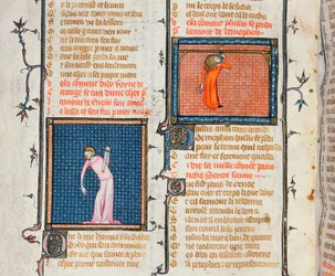 Ms 1126: The Suicide of Dido by the Sword and the Suicide of Phyllis by Hanging, from Le Roman de la Rose by Guillaume de Loris and Jean de Meung, c.1360-70