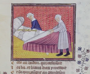 Chastity and Poverty making a bed, from Le Roman des Trois Pelerinages by Guillaume de Digulleville