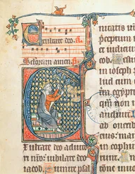 Historiated initial depicting King David playing a carillon, illustration from a psalter