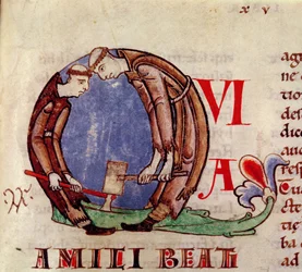Historiated Initial Q Depicting Monks Chopping Wood, from Moralia in Job by Pope Gregory the Great