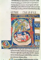 Historiated initial A depicting Daniel in the Lions Den, from the Souvigny Bible