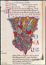 Historiated initial V depicting a scene from the Book of Leviticus, from the St. Benigne Bible