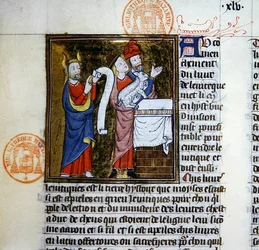 Moses offers the Passover Lamb, miniature from the Bible Historiale of Guyart des Moulins