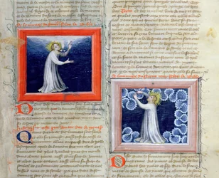 God separating the light from the darkness (on the left) and creating the firmament (on the right), from the Bible des Grands Augustins, 1494