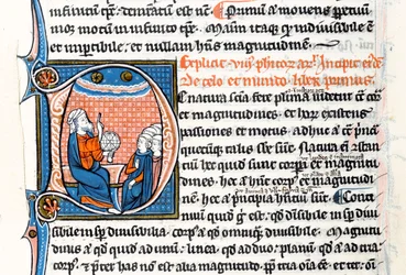 Historiated initial D depicting Aristotle holding an armillary sphere and pointing to the heavens as he teaches a group of clerics from Western Europe