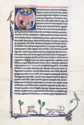 Historiated initial O depicting the ancient Greek philosopher Aristotle, teaching a group of clerics from Western Europe and pointing upwards towards God in the heavens