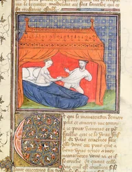 Lancelot attempting to escape from a woman in a bed, from the Livre de Messire Lancelot du Lac