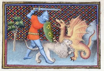 Ms 3480 Yvain, the Knight with the Lion, Fighting a Dragon, Miniature from Roman de Lancelot, Detail