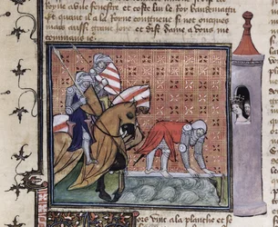 Lancelot Crossing the Sword Bridge, from the Livre de Messire Lancelot du Lac