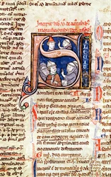 Historiated Initial S Depicting Pope Gregory IX (1220-50) with Bishops and Abbots, from the Decretals of Gregory IX