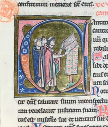 Historiated initial C depicting a monk reading a missal, from a Latin bible