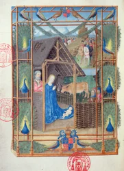 Ms 473 The Nativity with peacocks, miniature from the Hours of Charles of France, c. 1466-69