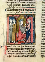 Charlemagne sending Ganelon to the Saragossan Kings, Marsile and Baligant, from the Chroniques de Saint-Denis, c.1275